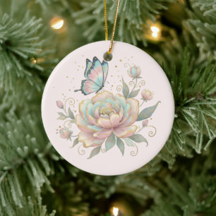 Magical Rose and Butterfly Pastel Colors Ceramic Ornament