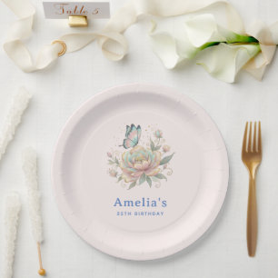 Magical Rose and Butterfly Pastel Colours Birthday Paper Plate