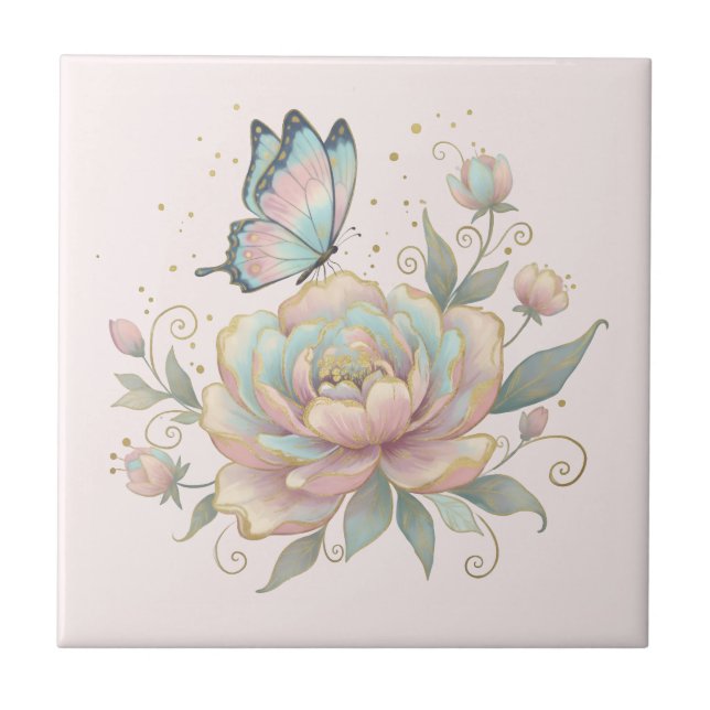 Magical Rose and Butterfly Pastel Colours Ceramic Tile (Front)