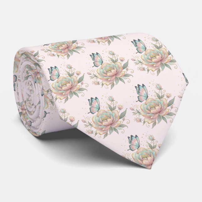 Magical Rose and Butterfly Pastel Colours Pattern Tie (Rolled)
