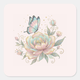 Magical Rose and Butterfly Pastel Colours Square Sticker