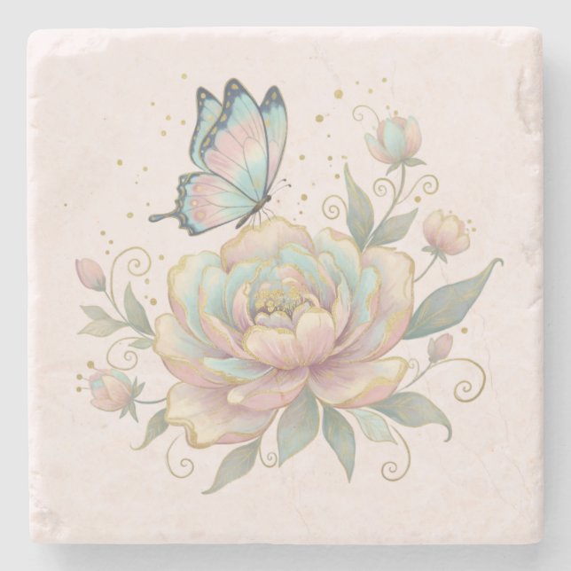 Magical Rose and Butterfly Pastel Colours Stone Coaster (Front)