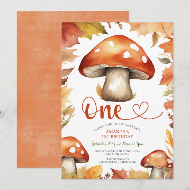 Magical Rustic Mushroom Cute Kid's 1st Birthday Invitation (Front/Back)