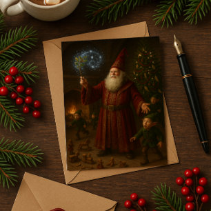 Magical Santa Claus Wizard with Elves Holiday Card