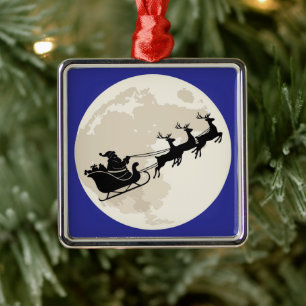 Magical Santa Sleigh Ride Christmas Full Moon Metal Ornament