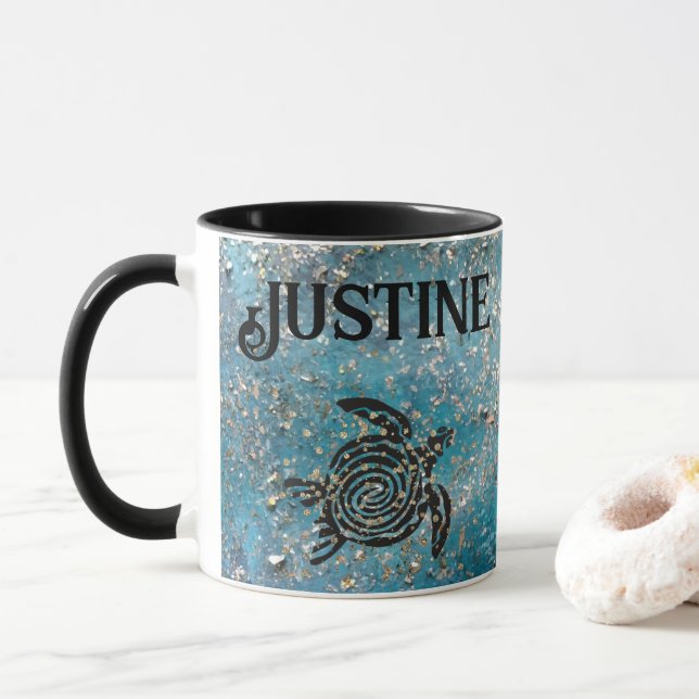 Magical Sea Turtle Glittery Blue Personalised  Mug (With Donut)