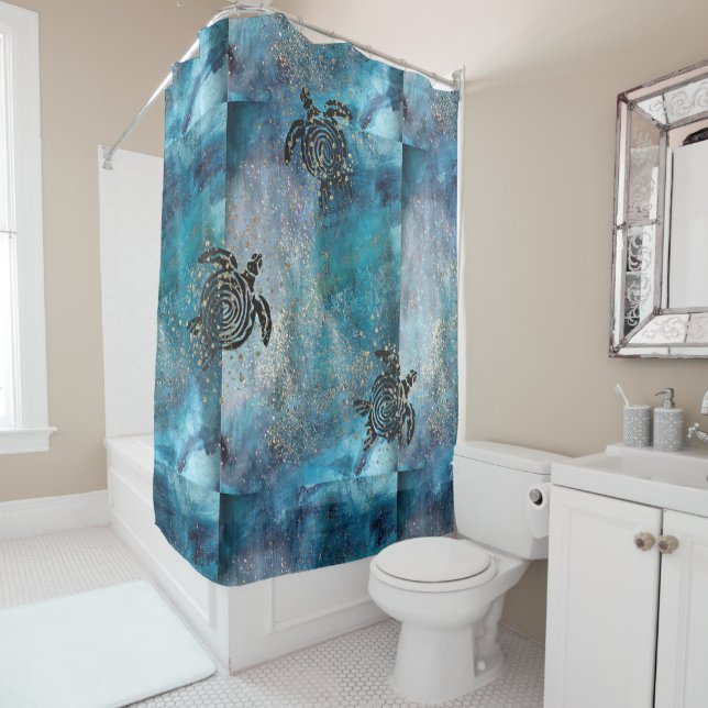 Magical Sea Turtle Glittery Blue Shower Curtain (In Situ)