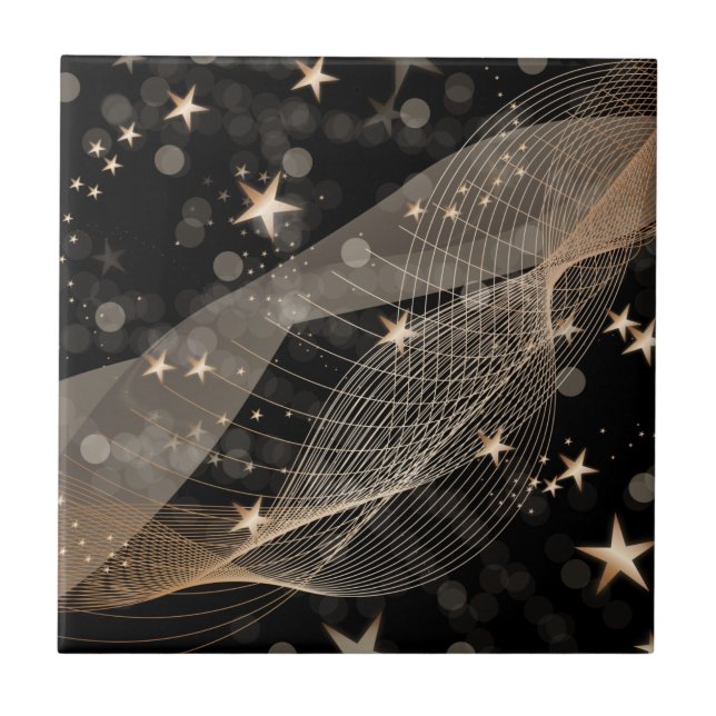 Magical Shiny Gold Stars Strings and Bokeh Lights  Ceramic Tile (Front)