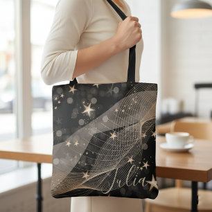 Magical Shiny Gold Stars Strings and Bokeh Lights Tote Bag