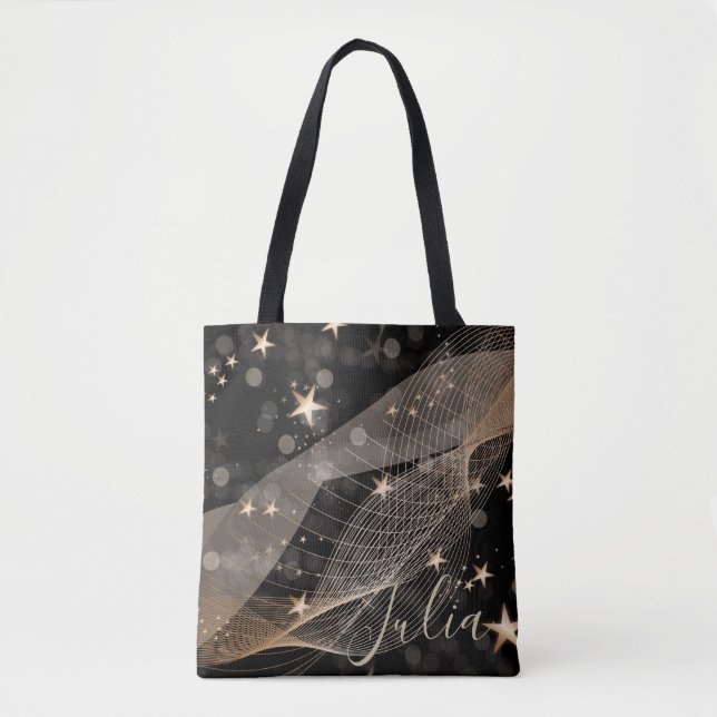 Magical Shiny Gold Stars Strings and Bokeh Lights  Tote Bag (Front)