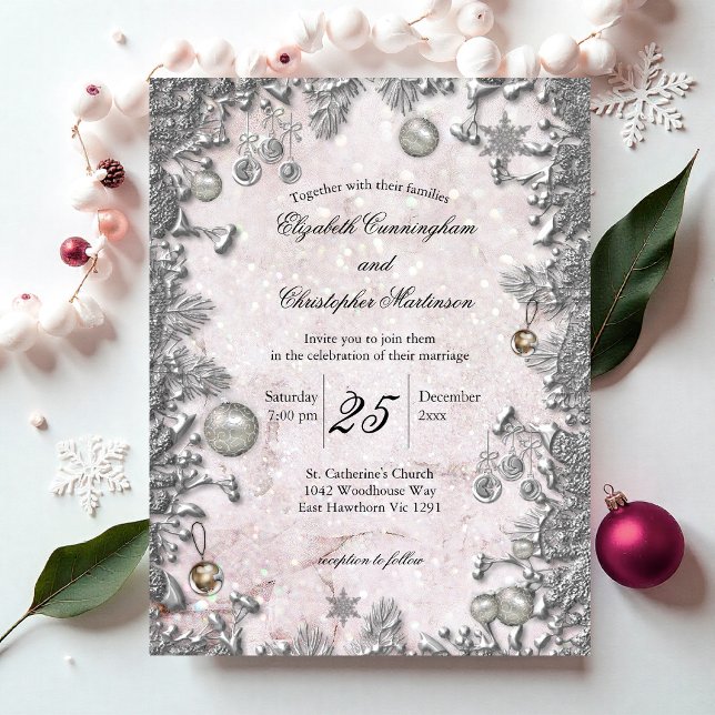 Magical Silver Winter Christmas Wedding Invitation Postcard (Magical Silver Winter Christmas Wedding Invitation Postcard by the Elegant Wedding)