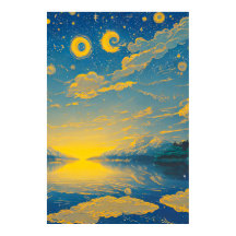 Magical Sky, Stars, Clouds, Lake, Retro Painting
