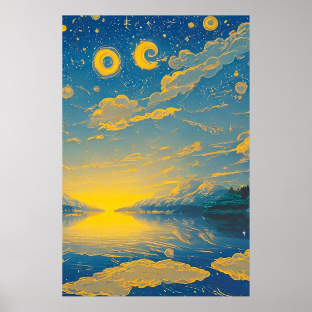 Magical Sky, Stars, Clouds, Lake, Retro Painting Poster (Front)