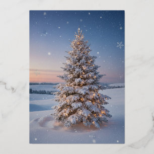 Magical Snow-Covered Christmas Tree at Sunset Foil Holiday Card