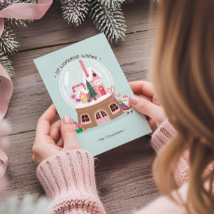 Magical Snow Globe Santa's Elves Pink Workshop Holiday Card