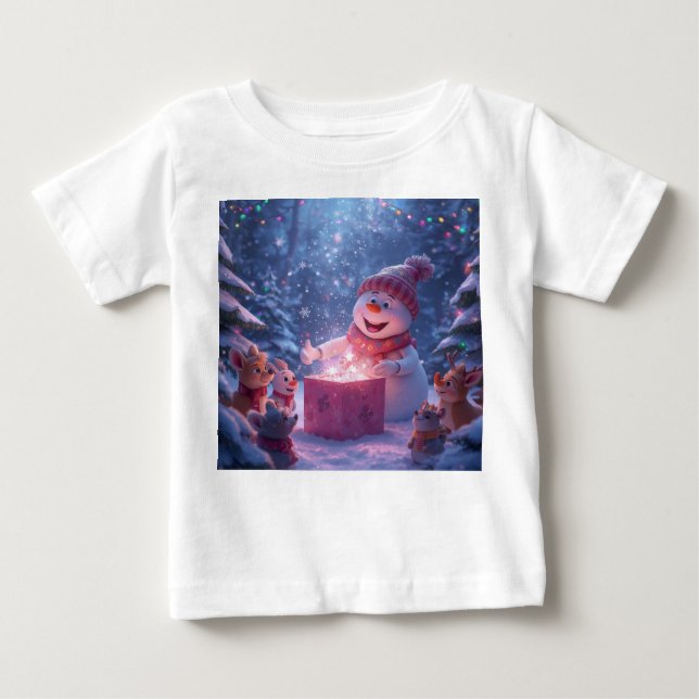 Magical Snowman Christmas Gift Scene Baby T-Shirt (Front)