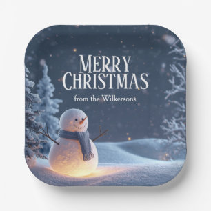 Magical Snowman on a Winter Night Custom Name Xmas Paper Plate