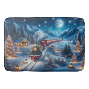Magical Snowy Christmas Train Winter Scene Bath Mat