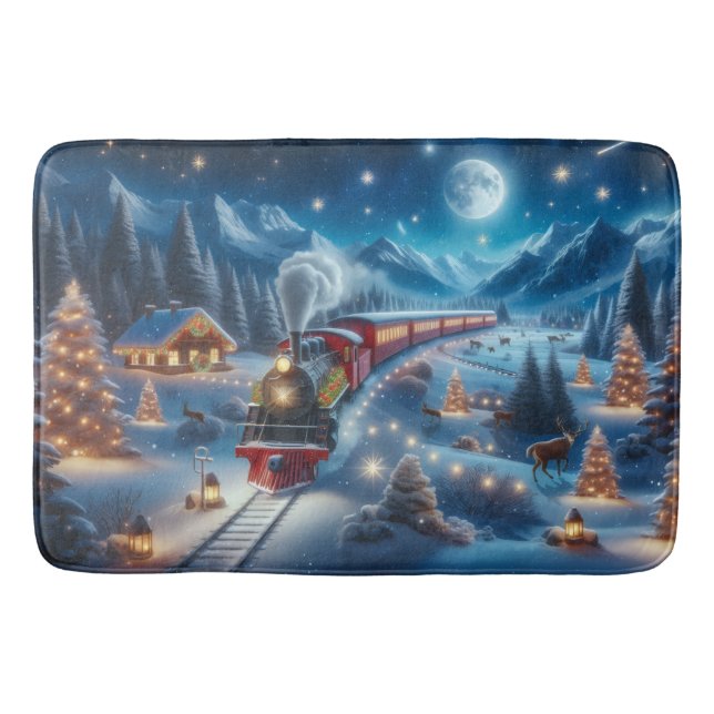 Magical Snowy Christmas Train Winter Scene Bath Mat (Front)