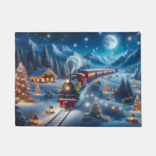 Magical Snowy Christmas Train Winter Scene Doormat