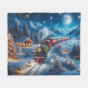 Magical Snowy Christmas Train Winter Scene Fleece Blanket
