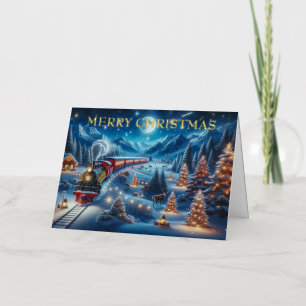 Magical Snowy Christmas Train Winter Scene Foil Holiday Card