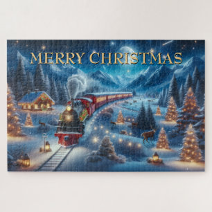 Magical Snowy Christmas Train Winter Scene Jigsaw Puzzle
