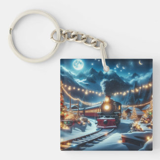 Magical Snowy Christmas Train Winter Scene Key Ring