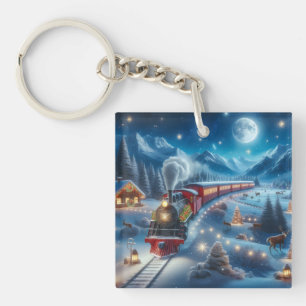 Magical Snowy Christmas Train Winter Scene Key Ring
