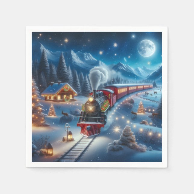 Magical Snowy Christmas Train Winter Scene Napkin (Front)