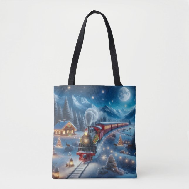 Magical Snowy Christmas Train Winter Scene Tote Bag (Front)