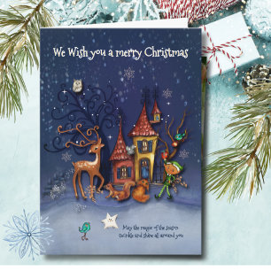 Magical Snowy Christmas Village   Elf & Reindeer Holiday Card