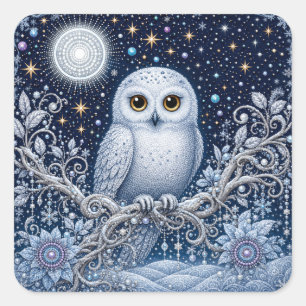 Magical Snowy Owl – Guardian of Winter Night Square Sticker