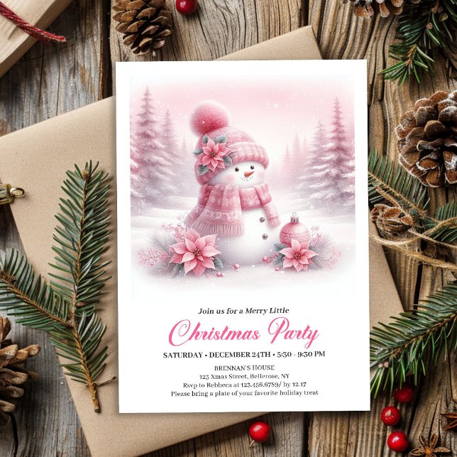 Magical Snowy Pink Coquette Snowman Editable Kids  Invitation (Magical Snowy Pink Coquette Snowman Editable Kids Invite)