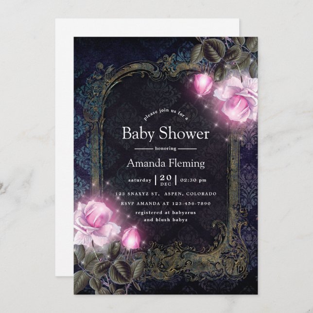 Magical Sparkling Floral Vintage Baby Shower Invitation (Front/Back)