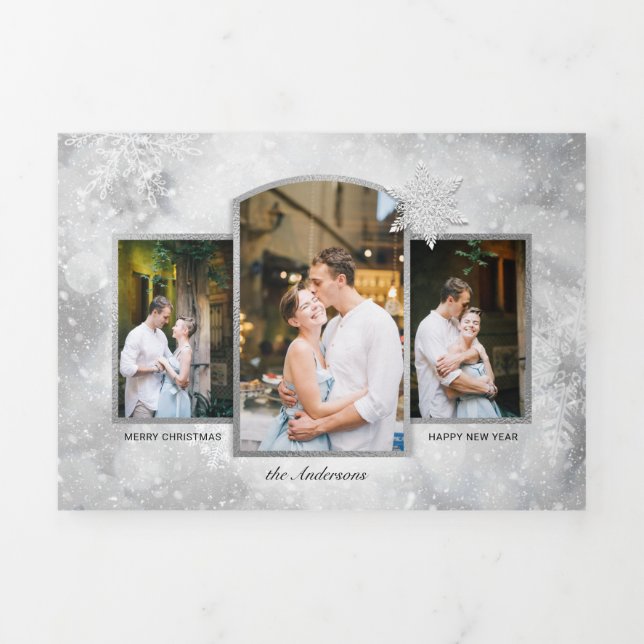 Magical Sparkly Silver Snowflakes 3-Photo  Tri-Fold Holiday Card (Cover)