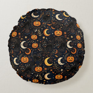 Magical Spooky Black Cat and Moon Round Cushion
