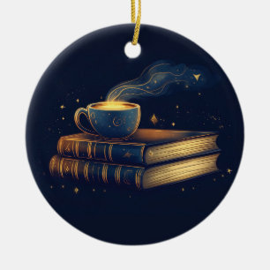 Magical Stars and Coffee with Books Ceramic Ornament