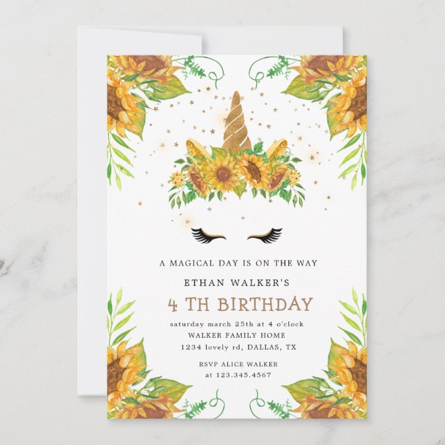 magical sunflower unicorn Birthday Invitation (Front)