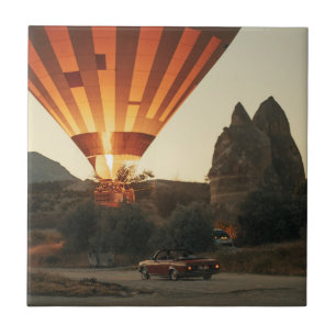 Magical Sunrise Hot Air Balloon View With Red Car Ceramic Tile