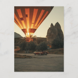 Magical Sunrise Hot Air Balloon View With Red Car Postcard