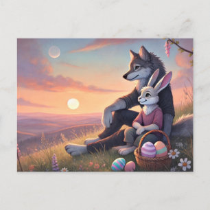 Magical Sunset Moment – Wolf & Bunny Easter Scene Holiday Postcard