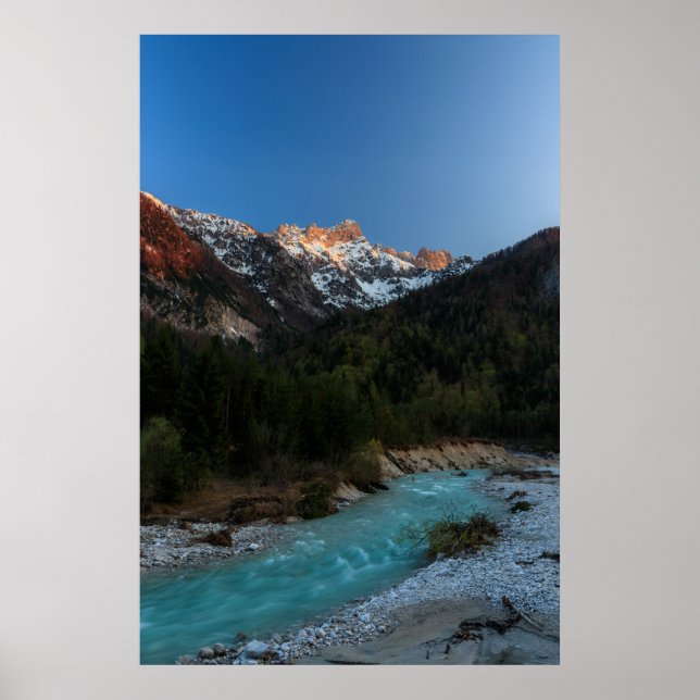 Magical sunset over the mountains and river poster (Front)