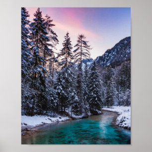 Magical sunset turquoise river Mojstrana, Slovenia Poster