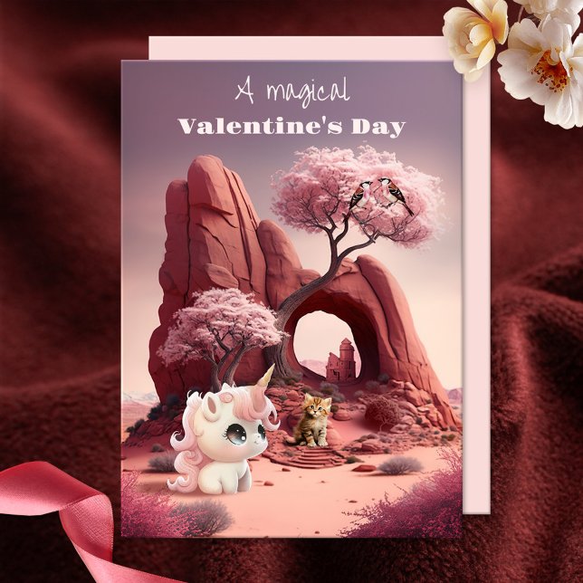 Magical Surreal Unicorn Happy Valentine's Day Card (A magical surreal Valentines card showing a cute kitty in a pink desert with a unicorn and love bird)