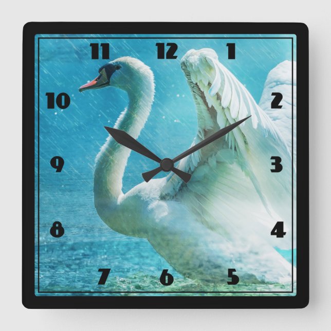 Magical Swan During a Summer Shower Square Wall Clock (Front)