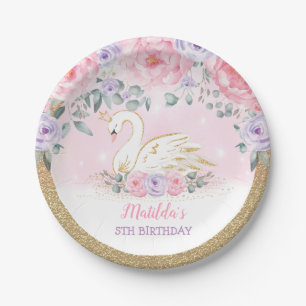 Magical Swan Princess Pink Purple Floral Birthday  Paper Plate