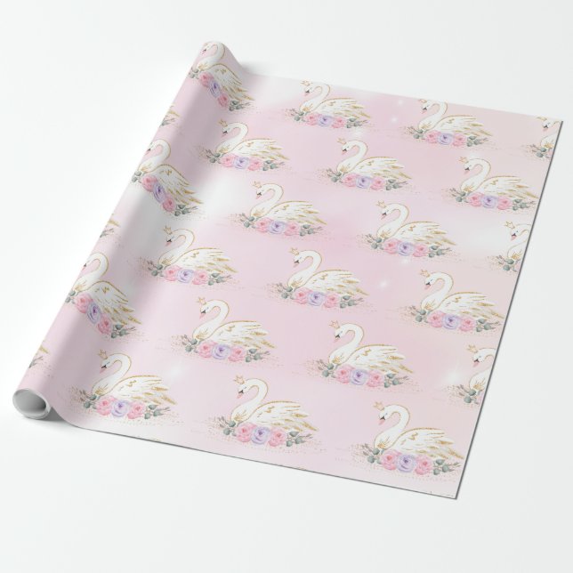 Magical Swan Princess | Pink & Purple Flowers Wrapping Paper (Unrolled)