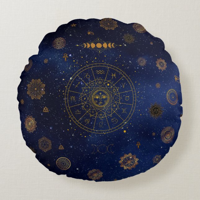 Magical Symbols of Protection Mandala Pagan Witch Round Cushion (Front)