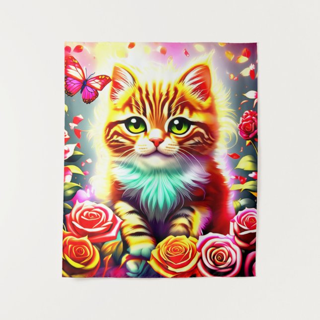 "Magical Tabby Cat with Roses and Butterfly Art Pr Tapestry (Front)